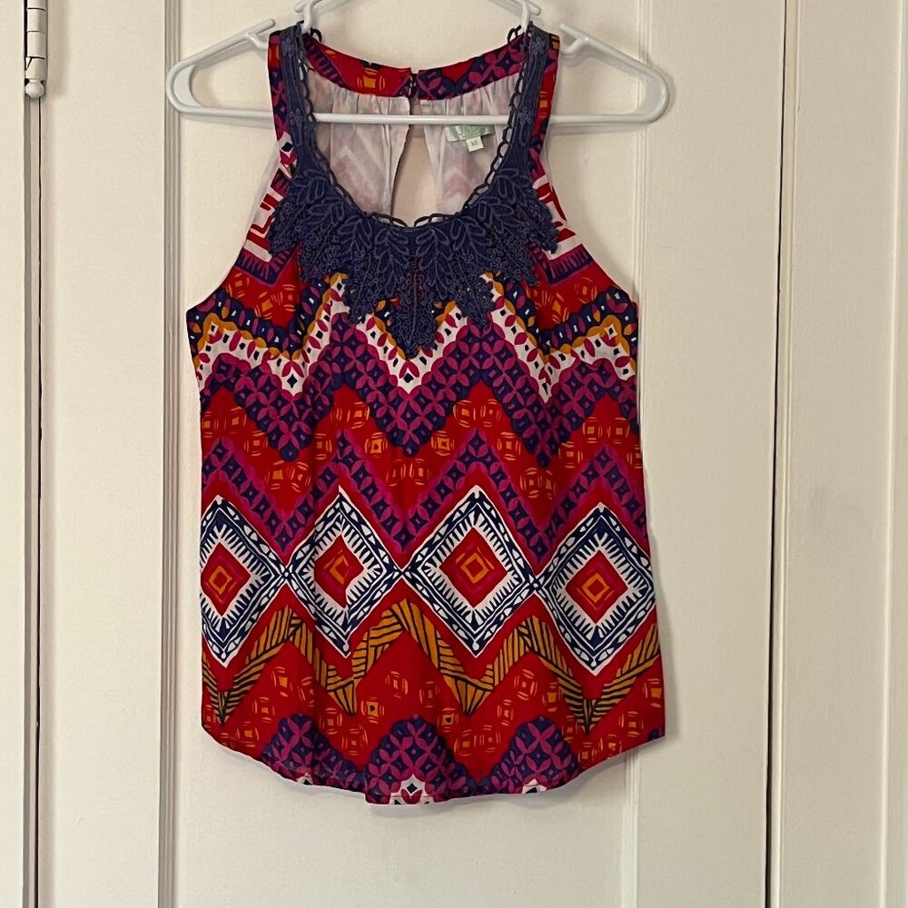 Jade Melody Tam boho geometric print lace bright keyhole 100% cotton size XS